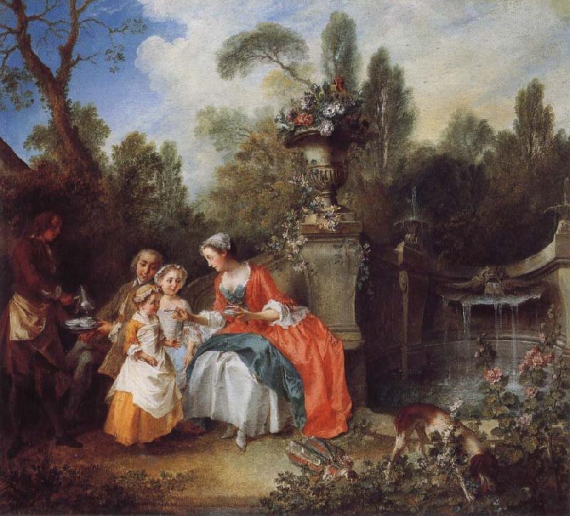Nicolas Lancret A Lady in a Garden Taking coffee with some Children oil painting picture